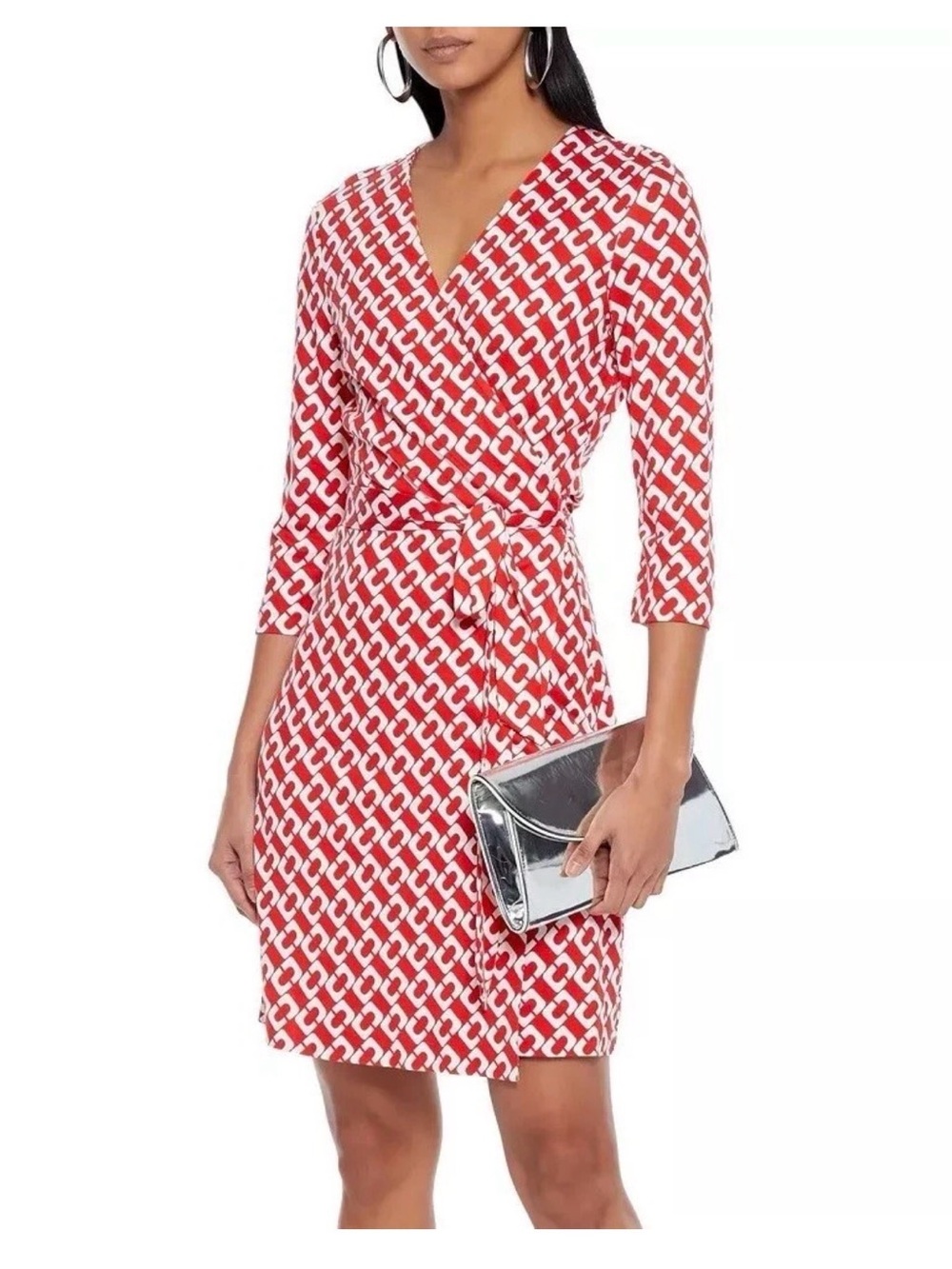 DVF Julian Two Silk Chain Print Wrap Dress 3/4 Sleeve Sz 12
